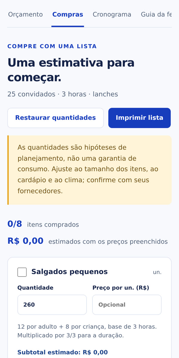 Tela de compras do Festa no Orçamento: 260 salgados pequenos para 25 convidados em 3 horas