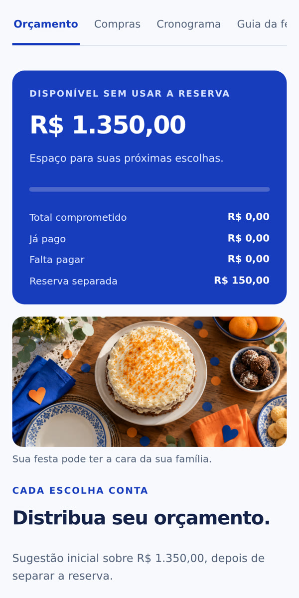 Painel de orçamento com total comprometido, pago, a pagar e reserva